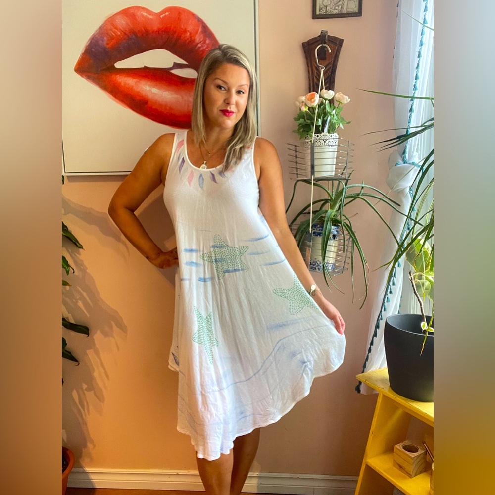 Shoreline White dress with Colorful Beachy Accents